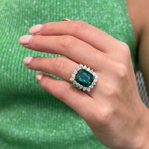 8.53Cts Green Tourmaline & 1.80Cts Diamond Ring 14K Yellow Gold Size 4.75